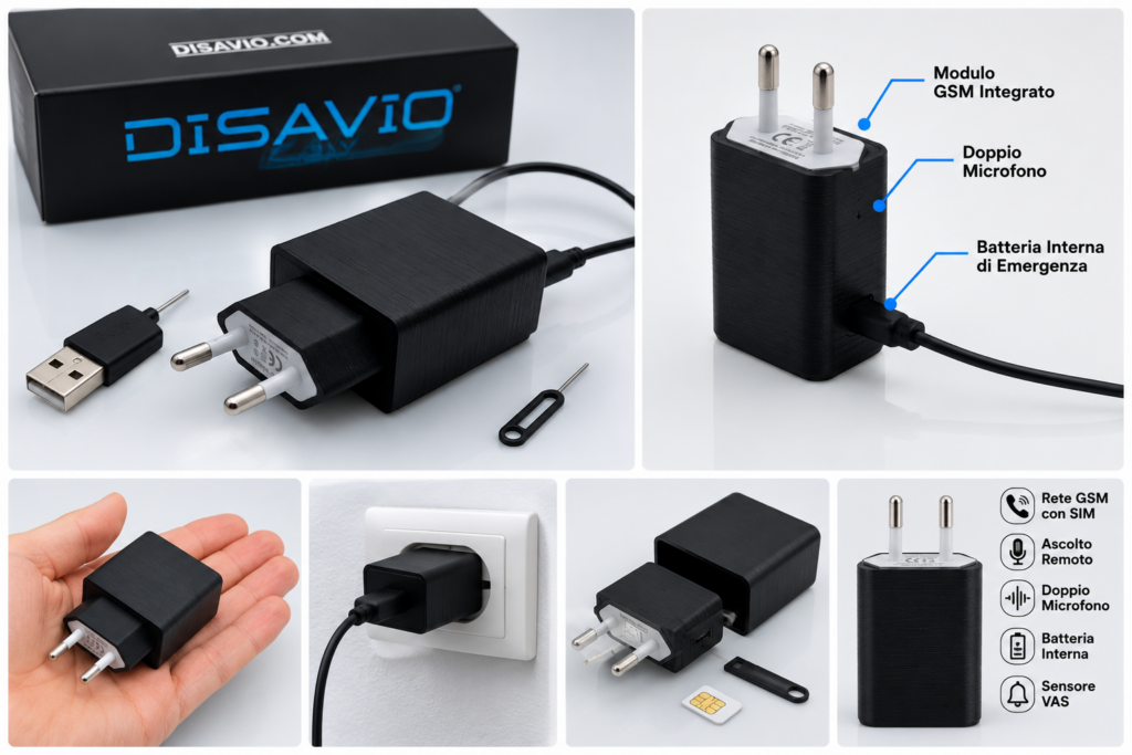 Caricatore GSM con microfono DISAVIO DGC 10 con modulo GSM integrato, doppio microfono, SIM card, sensore VAS e batteria interna di emergenza