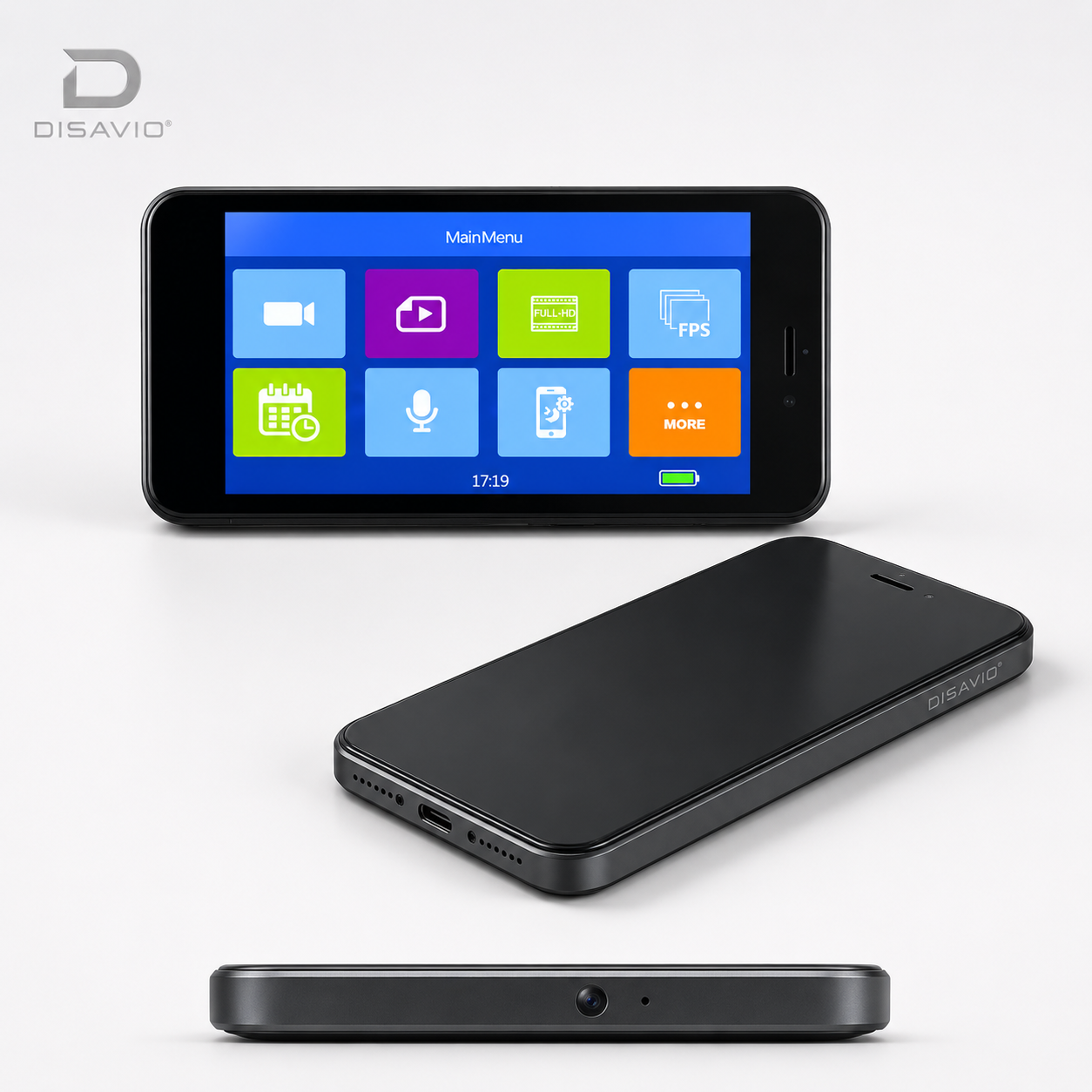 DISAVIO Vision Guard EVO3 mostrato in più viste con display operativo, interfaccia menu, USB-C, profilo sottile e telecamera integrata