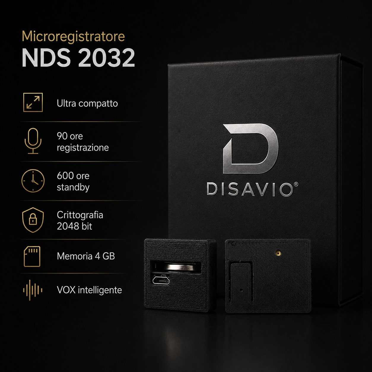 Microregistratore DISAVIO NDS 2032 ultra compatto con crittografia 2048 bit, memoria 4 GB, VOX intelligente e autonomia fino a 90 ore