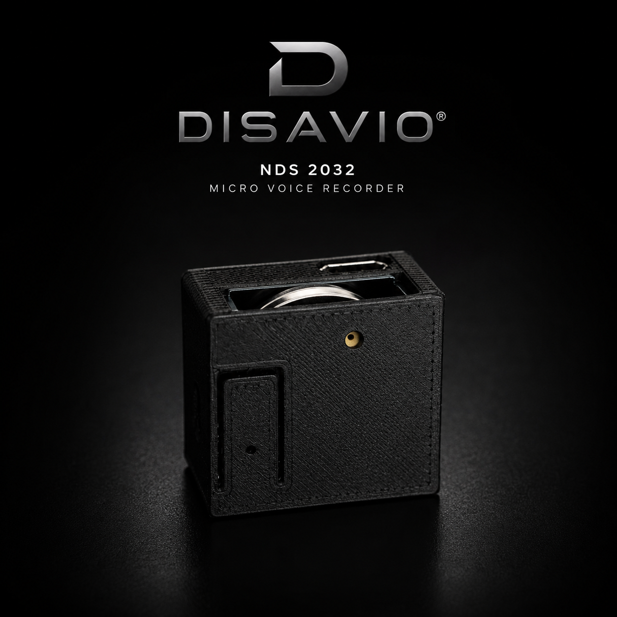 Microregistratore DISAVIO NDS 2032 su fondo scuro con logo, dispositivo audio ultra compatto con design professionale e formato ridotto