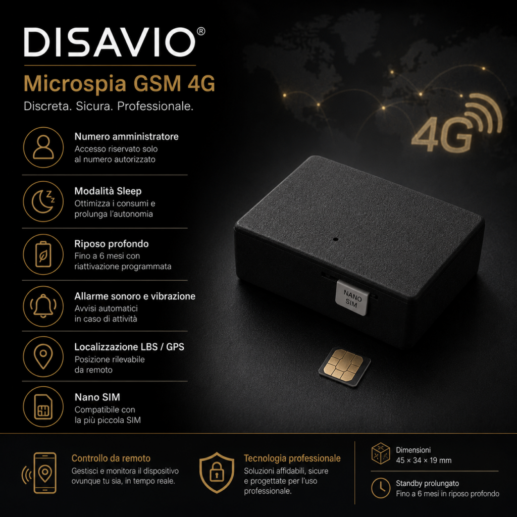 Microspia GSM 4G DISAVIO con Nano SIM, dispositivo compatto per ascolto remoto autorizzato, localizzazione e gestione professionale