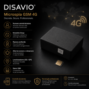 Microspia GSM 4G DISAVIO con Nano SIM, dispositivo compatto per ascolto remoto autorizzato, localizzazione e gestione professionale