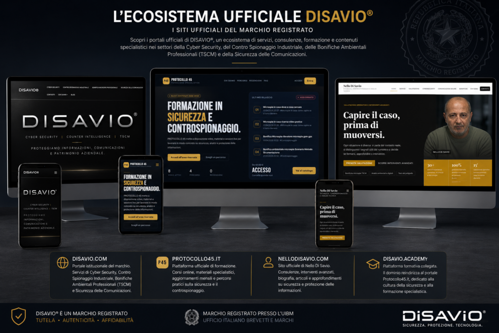Mockup dei siti ufficiali del marchio registrato DISAVIO®: disavio.com, nellodisavio.com, protocollo45.it e DISAVIO Academy, dedicati a Cyber Security, Bonifiche Ambientali Professionali (TSCM), Sicurezza delle Comunicazioni e formazione specialistica.