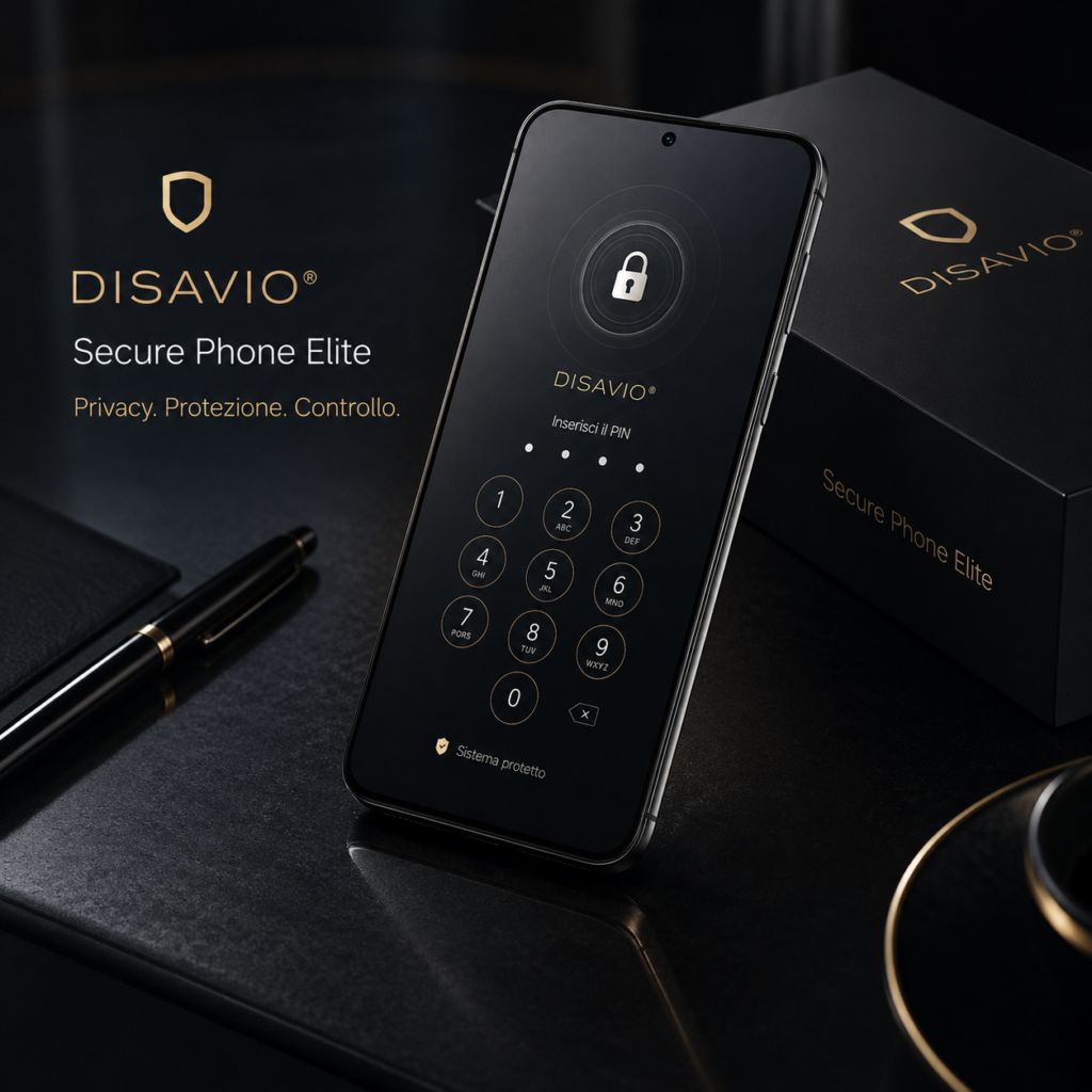 Smartphone DISAVIO Secure Phone Elite su confezione premium con interfaccia protetta, logo DISAVIO e configurazione sicurezza avanzata