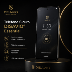 Telefono Sicuro DISAVIO Essential con configurazione privacy e sicurezza, PIN di emergenza, protezione notifiche e USB solo ricarica