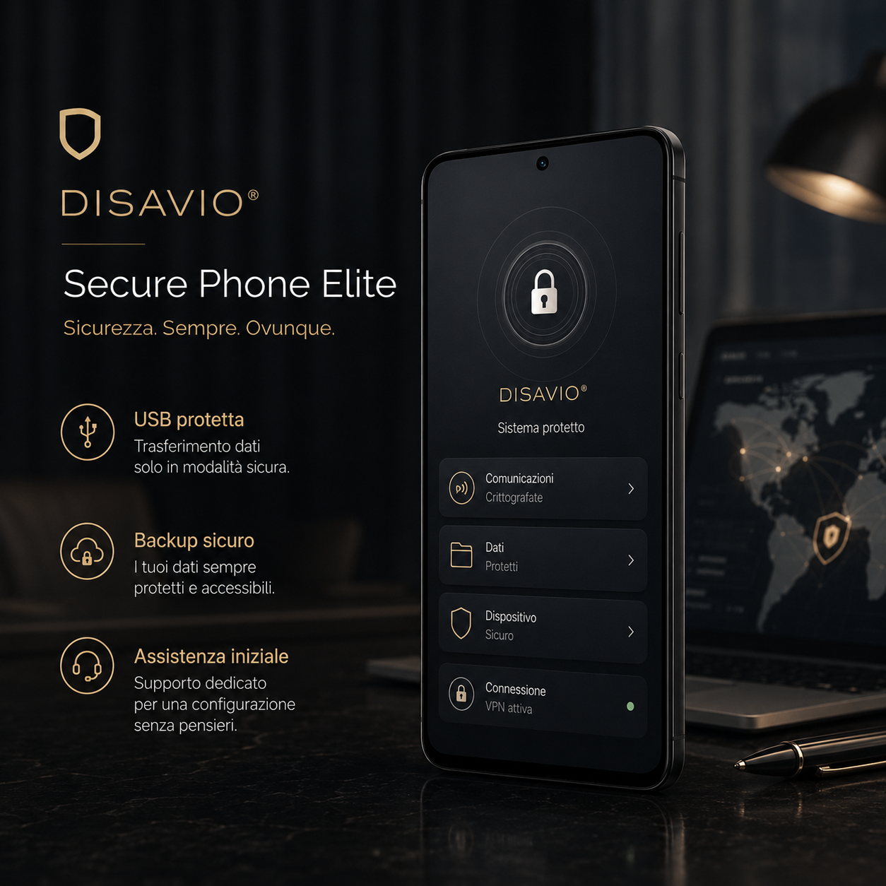 Telefono Sicuro Elite DISAVIO con USB protetta, backup sicuro, assistenza iniziale, comunicazioni crittografate e VPN attiva